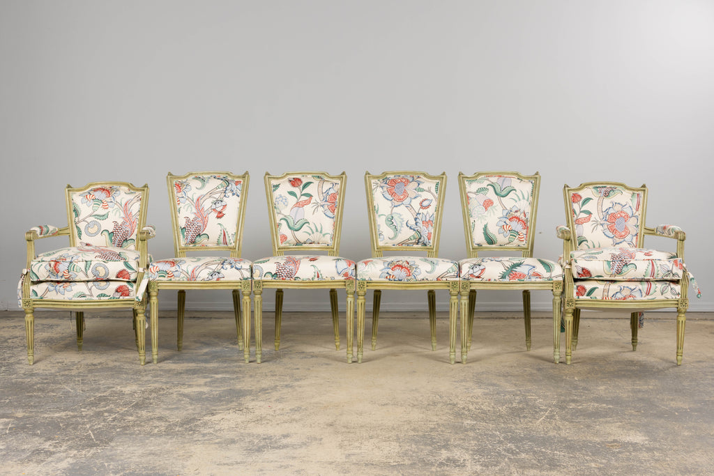 Antique French Louis XVI Painted Green Dining Chairs in Floral Fabric- Set of 6