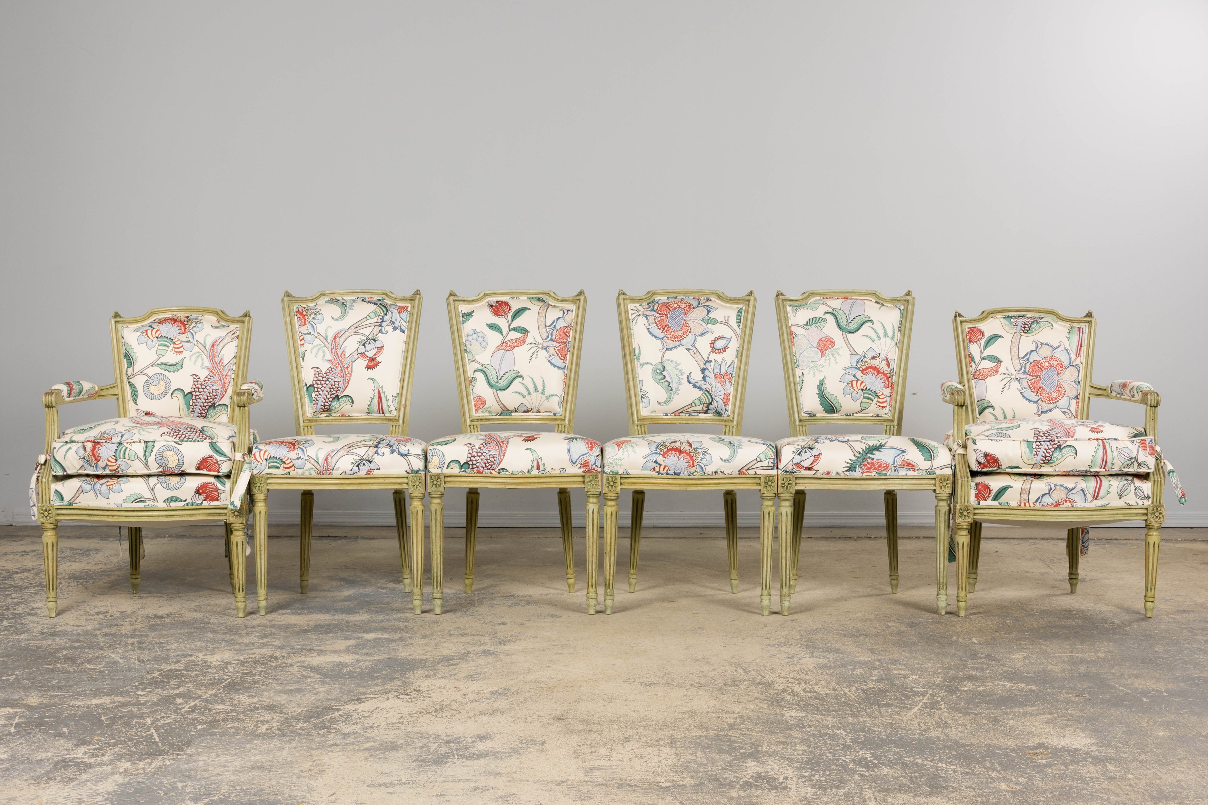 Antique French Louis XVI Painted Green Dining Chairs in Floral Fabric- Set of 6