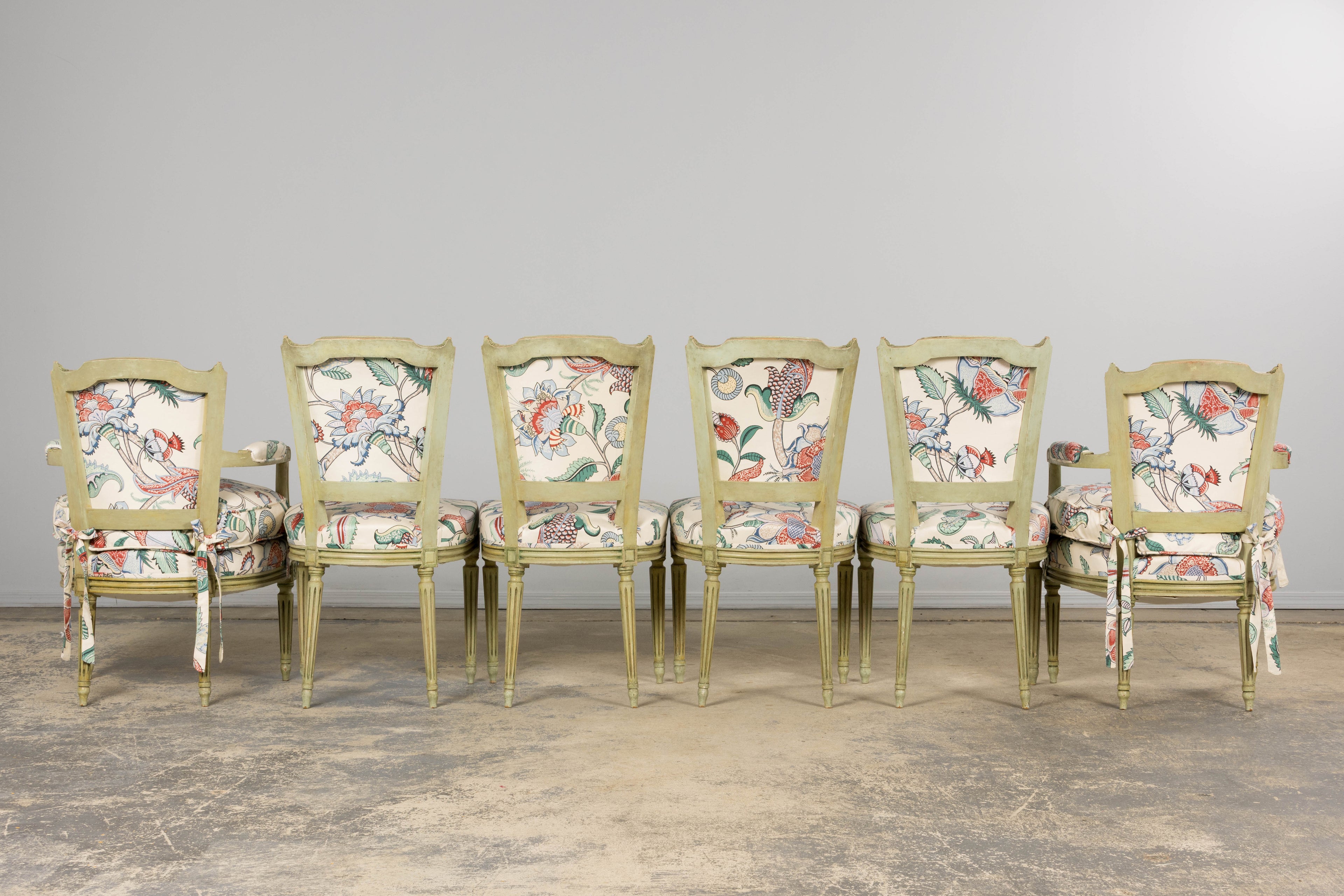 Antique French Louis XVI Painted Green Dining Chairs in Floral Fabric- Set of 6