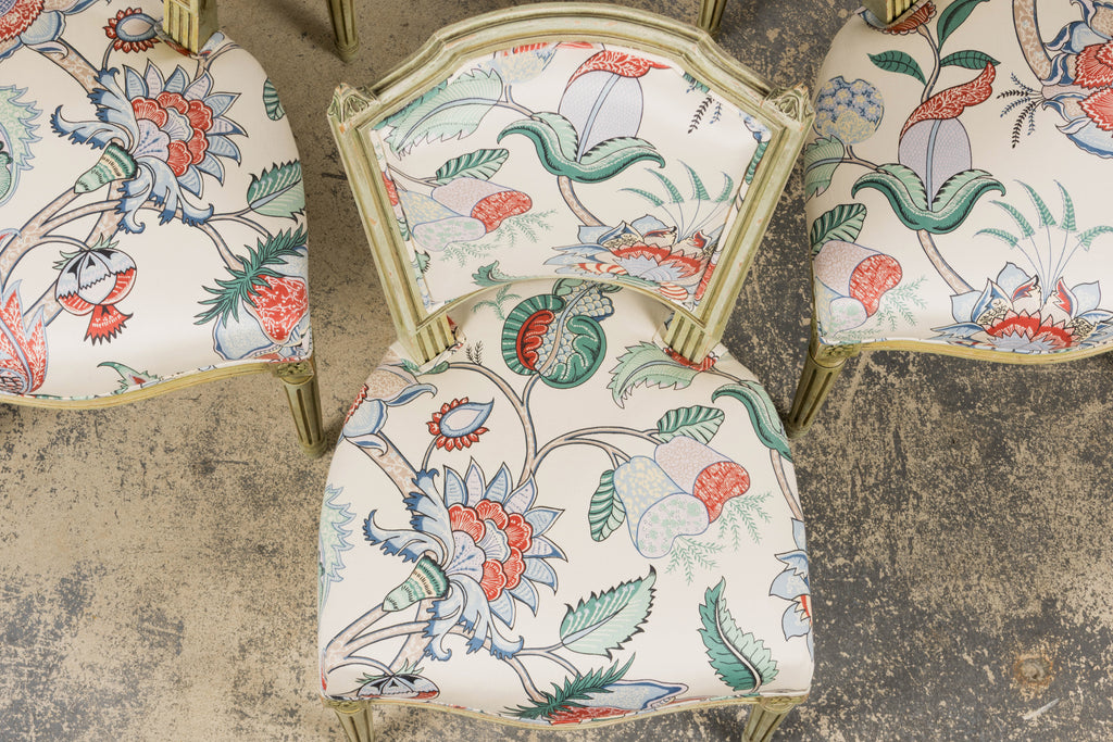 Antique French Louis XVI Painted Green Dining Chairs in Floral Fabric- Set of 6