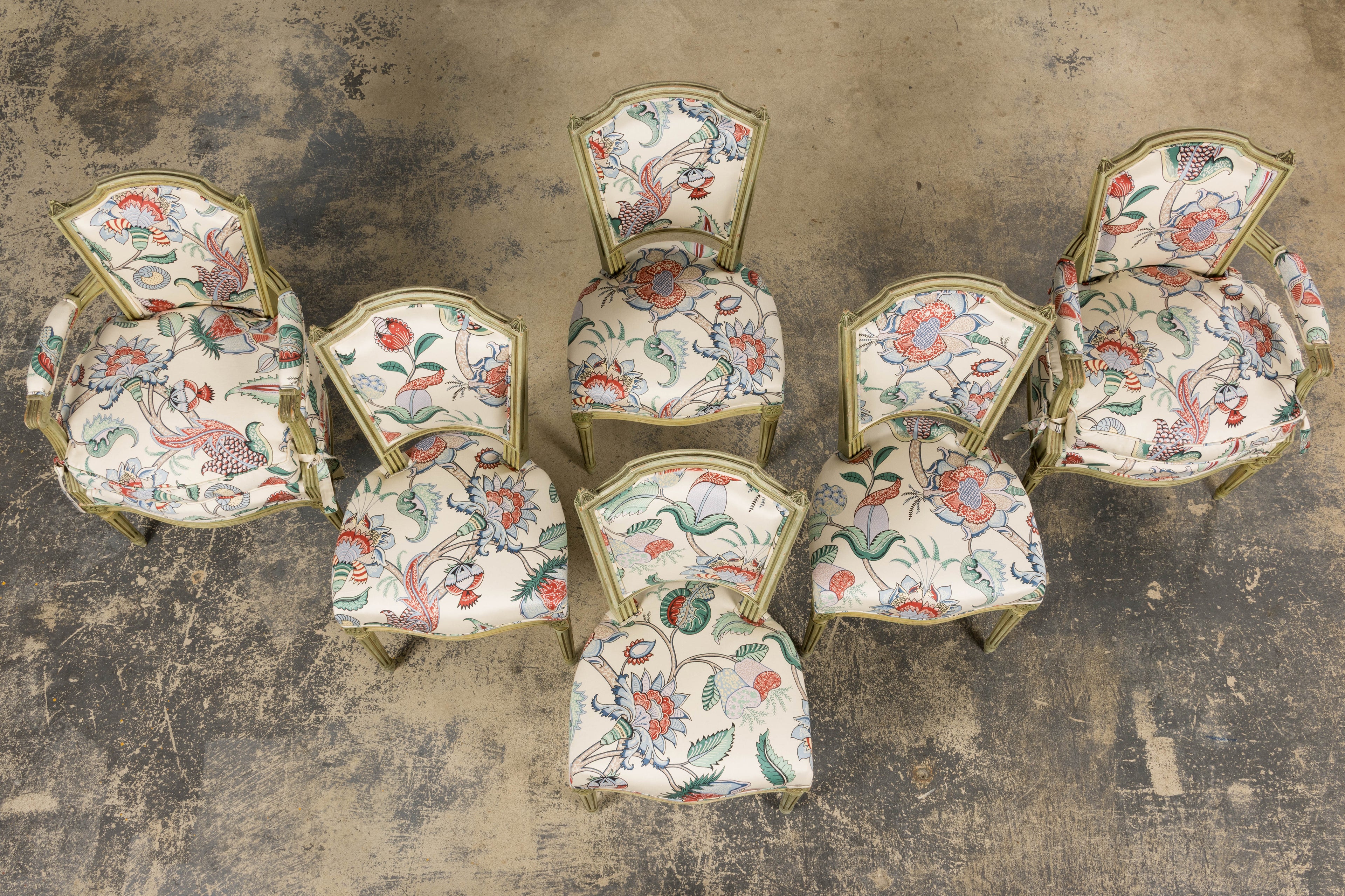 Antique French Louis XVI Painted Green Dining Chairs in Floral Fabric- Set of 6