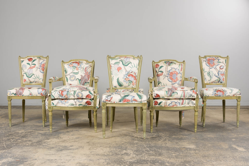 Antique French Louis XVI Painted Green Dining Chairs in Floral Fabric- Set of 6