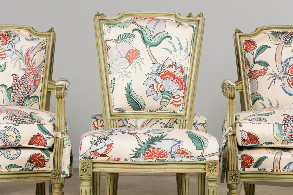 Antique French Louis XVI Painted Green Dining Chairs in Floral Fabric- Set of 6