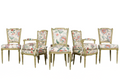 Antique French Louis XVI Painted Green Dining Chairs in Floral Fabric- Set of 6