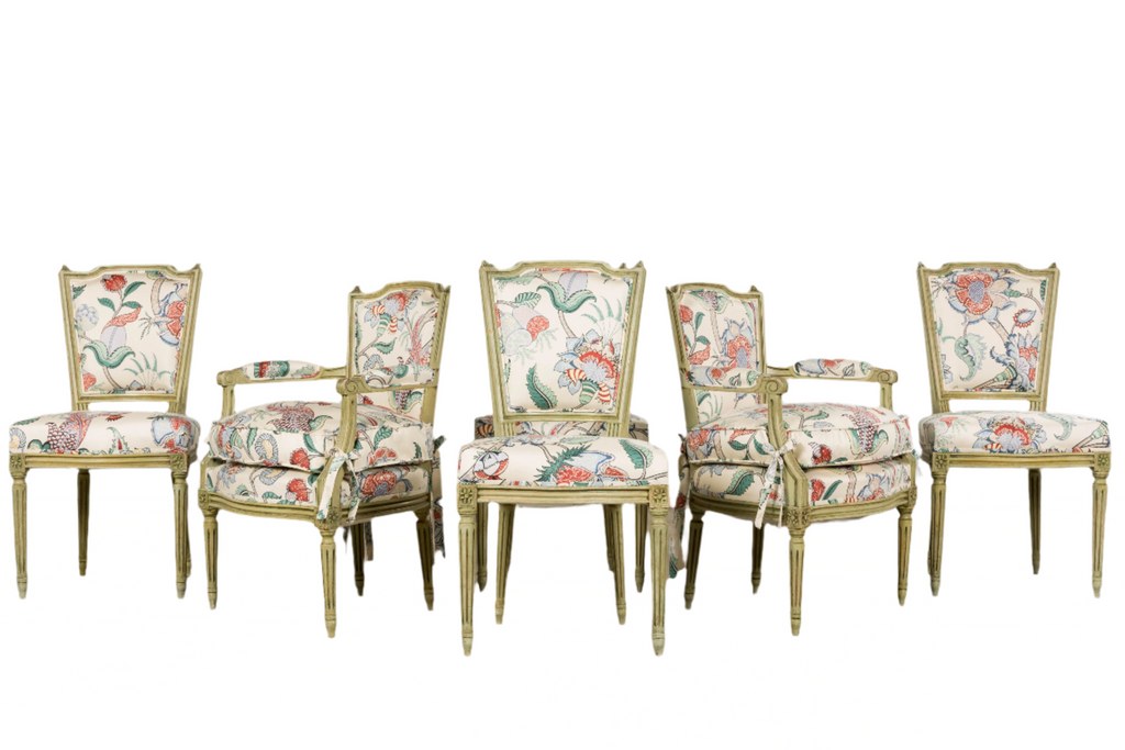 Antique French Louis XVI Painted Green Dining Chairs in Floral Fabric- Set of 6