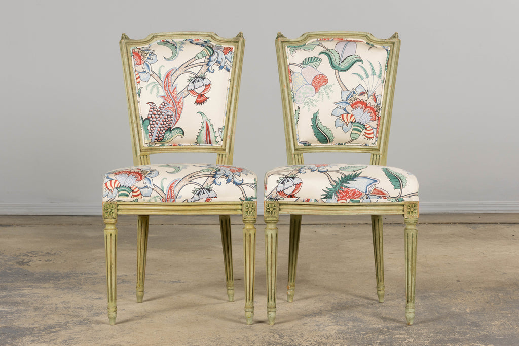 Antique French Louis XVI Painted Green Dining Chairs in Floral Fabric- Set of 6