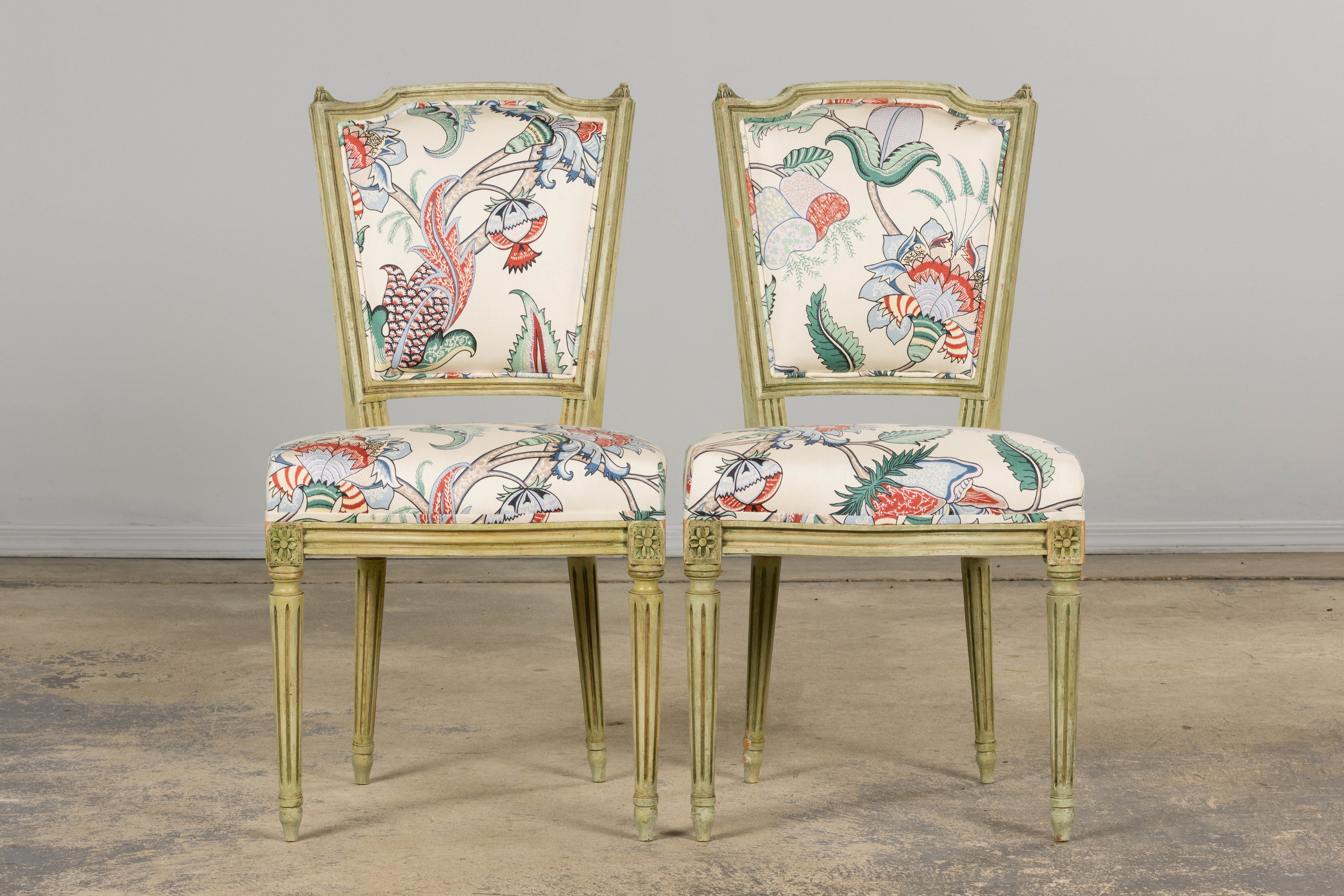 Antique French Louis XVI Painted Green Dining Chairs in Floral Fabric- Set of 6