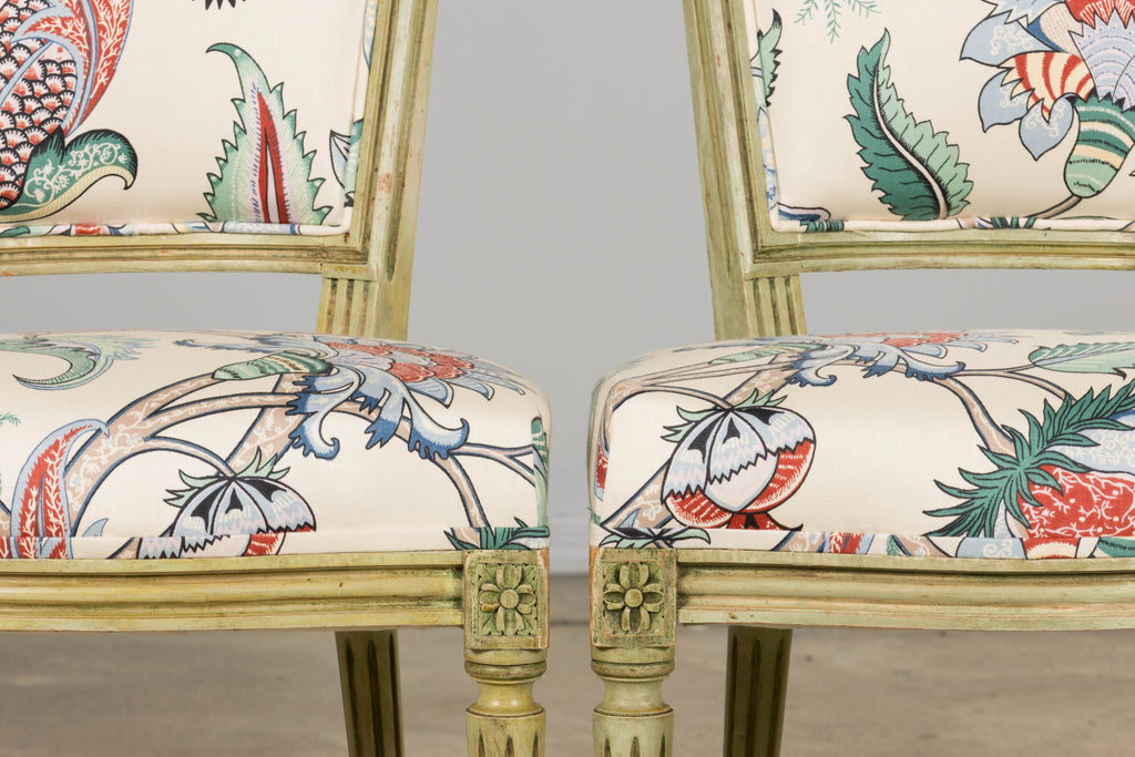 Antique French Louis XVI Painted Green Dining Chairs in Floral Fabric- Set of 6