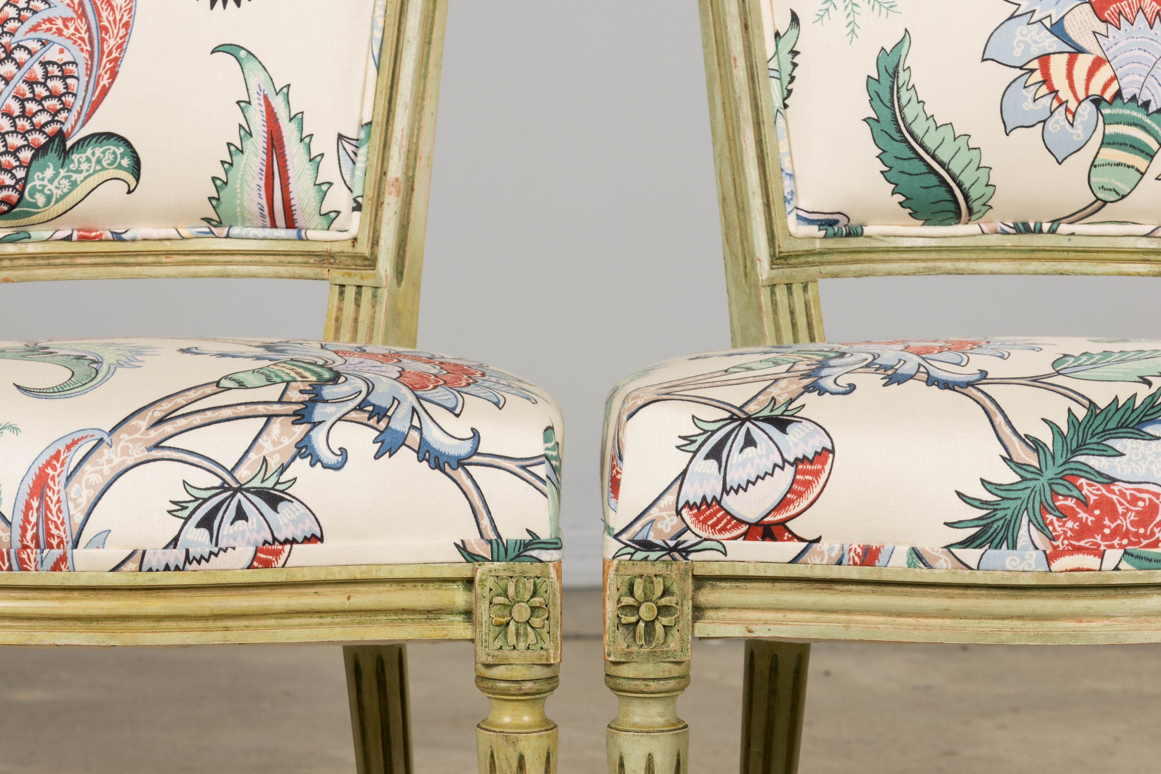 Antique French Louis XVI Painted Green Dining Chairs in Floral Fabric- Set of 6