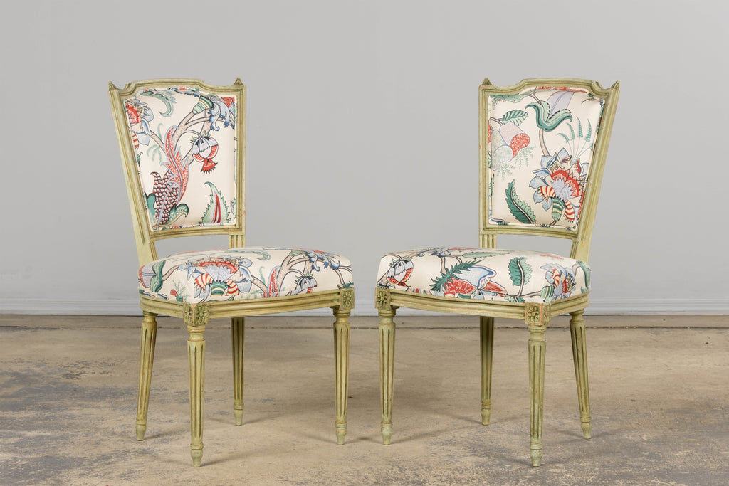 Antique French Louis XVI Painted Green Dining Chairs in Floral Fabric- Set of 6