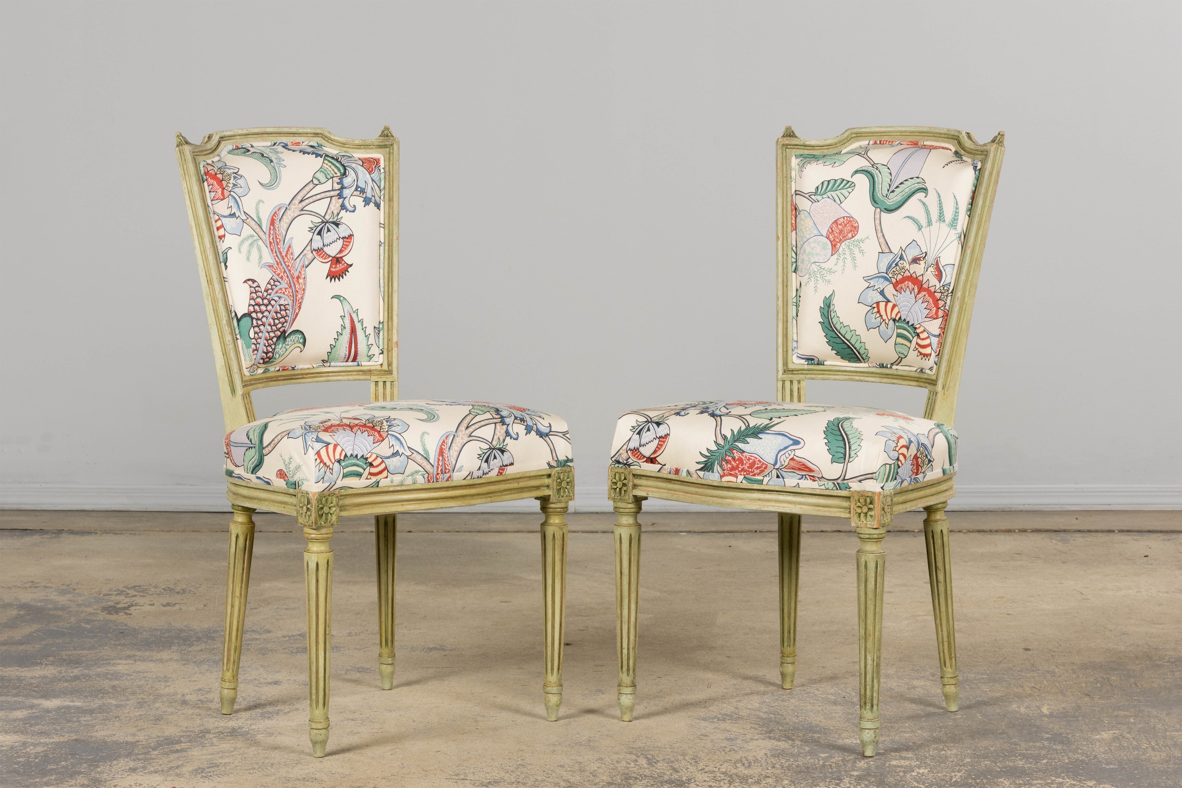 Antique French Louis XVI Painted Green Dining Chairs in Floral Fabric- Set of 6