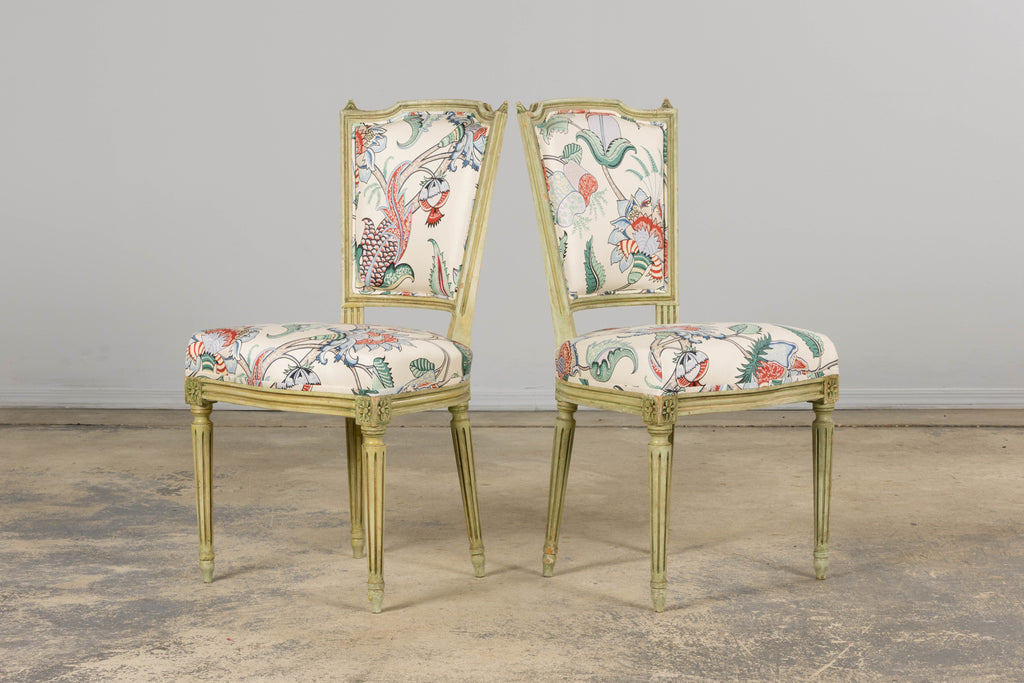 Antique French Louis XVI Painted Green Dining Chairs in Floral Fabric- Set of 6