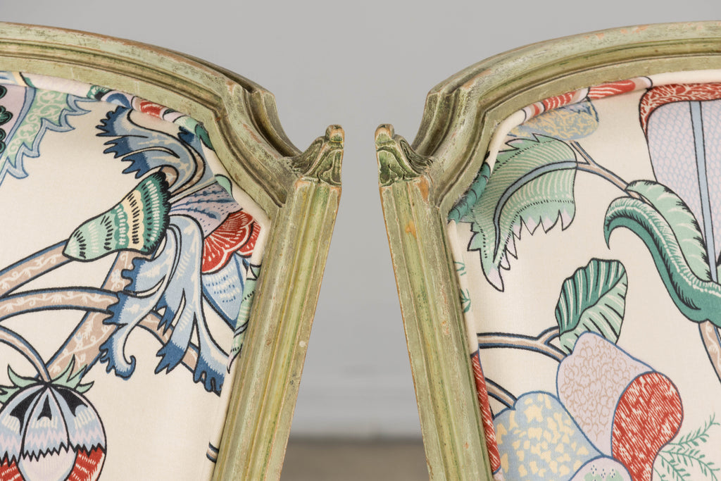Antique French Louis XVI Painted Green Dining Chairs in Floral Fabric- Set of 6