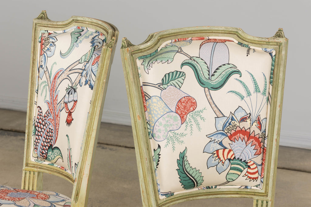 Antique French Louis XVI Painted Green Dining Chairs in Floral Fabric- Set of 6
