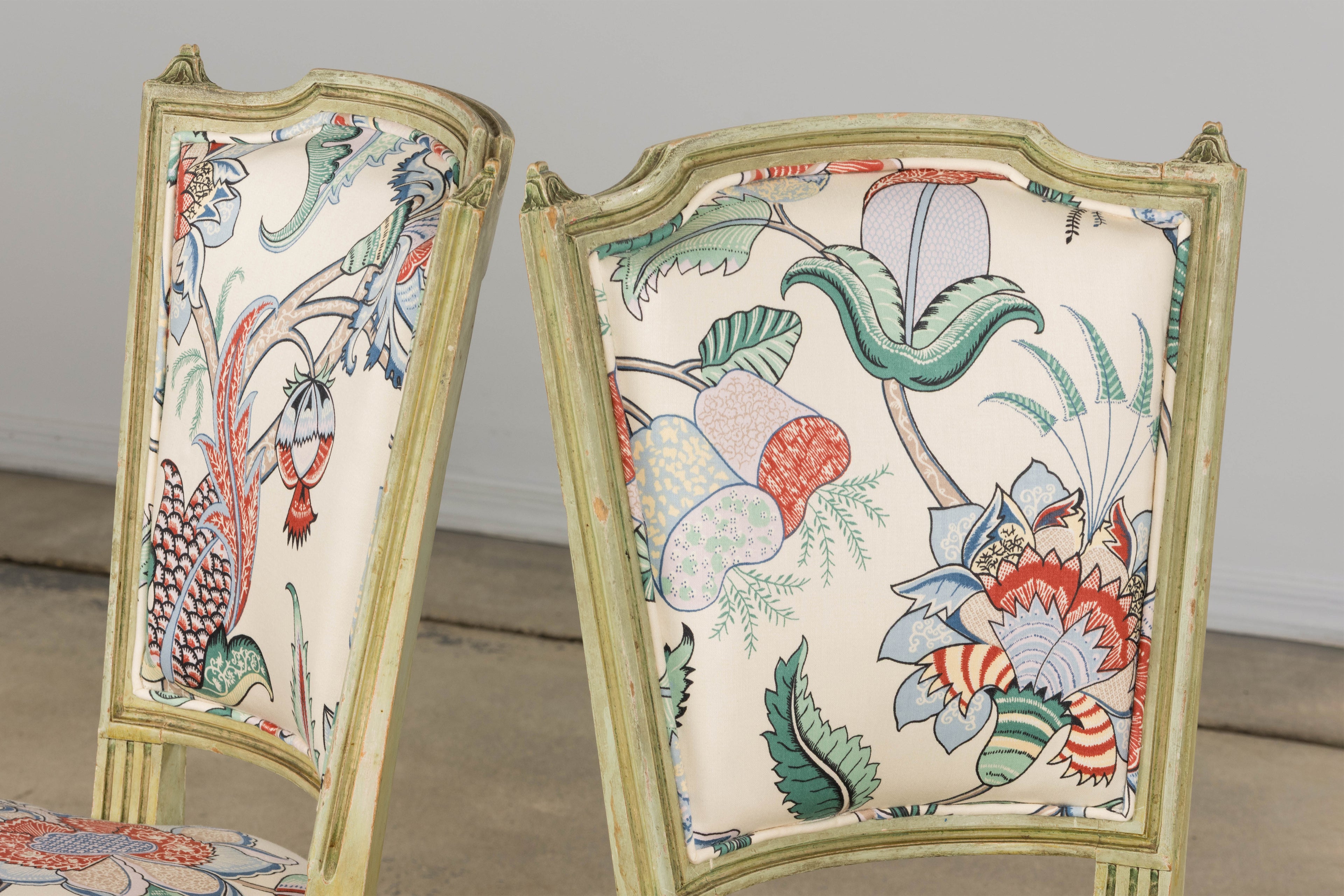 Antique French Louis XVI Painted Green Dining Chairs in Floral Fabric- Set of 6