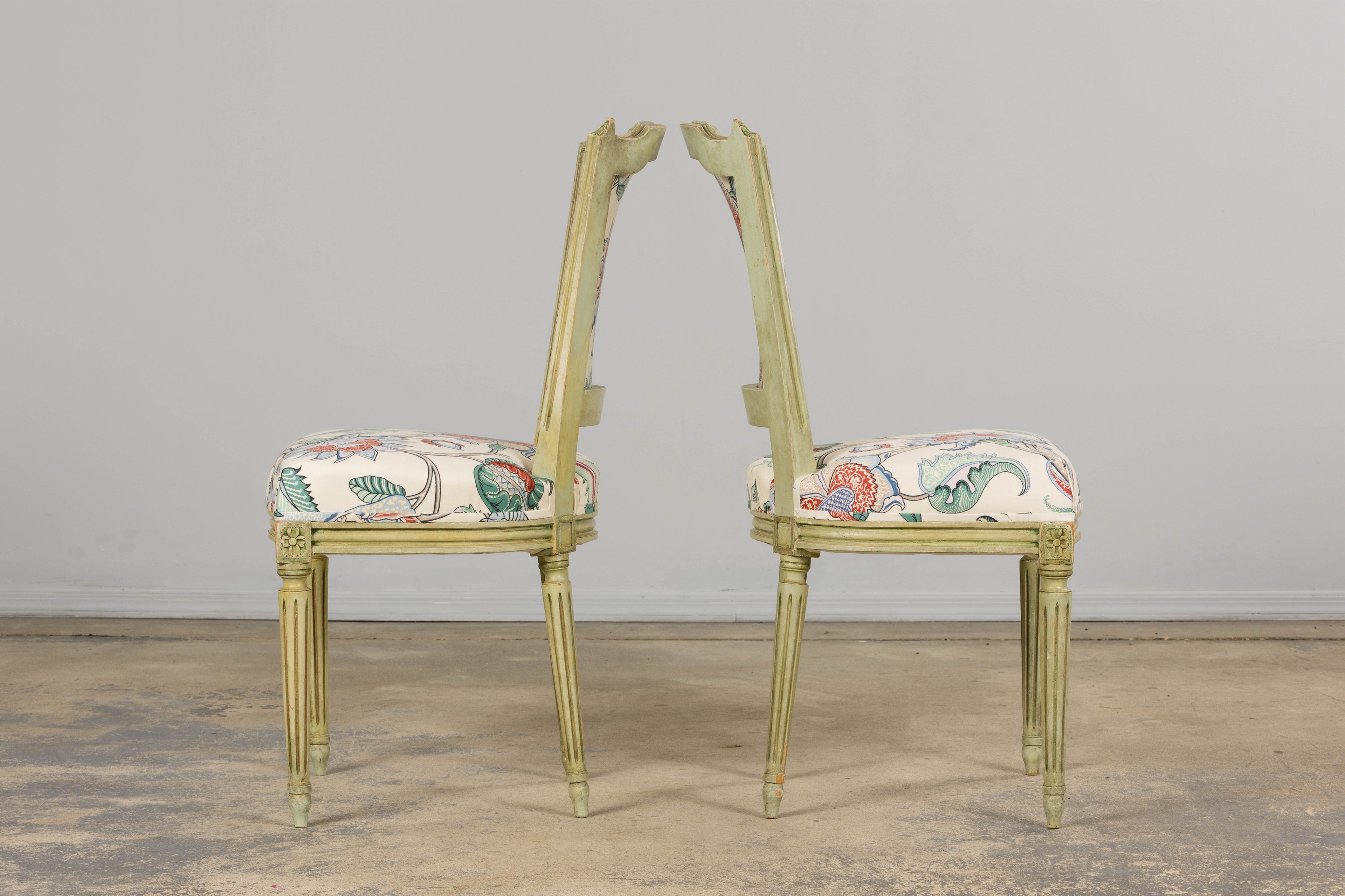 Antique French Louis XVI Painted Green Dining Chairs in Floral Fabric- Set of 6