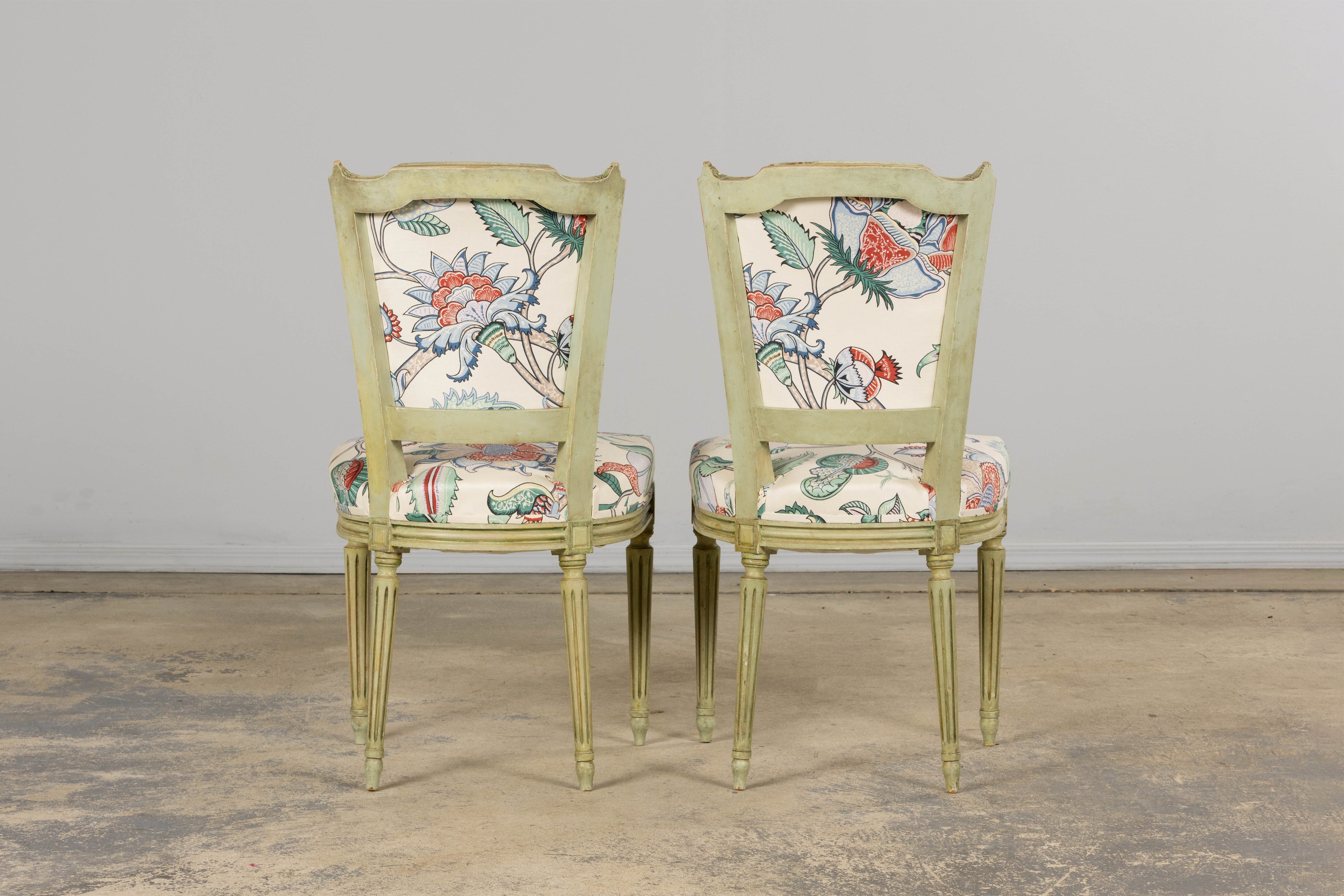 Antique French Louis XVI Painted Green Dining Chairs in Floral Fabric- Set of 6
