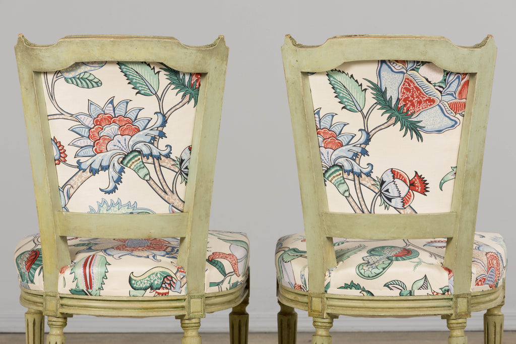 Antique French Louis XVI Painted Green Dining Chairs in Floral Fabric- Set of 6