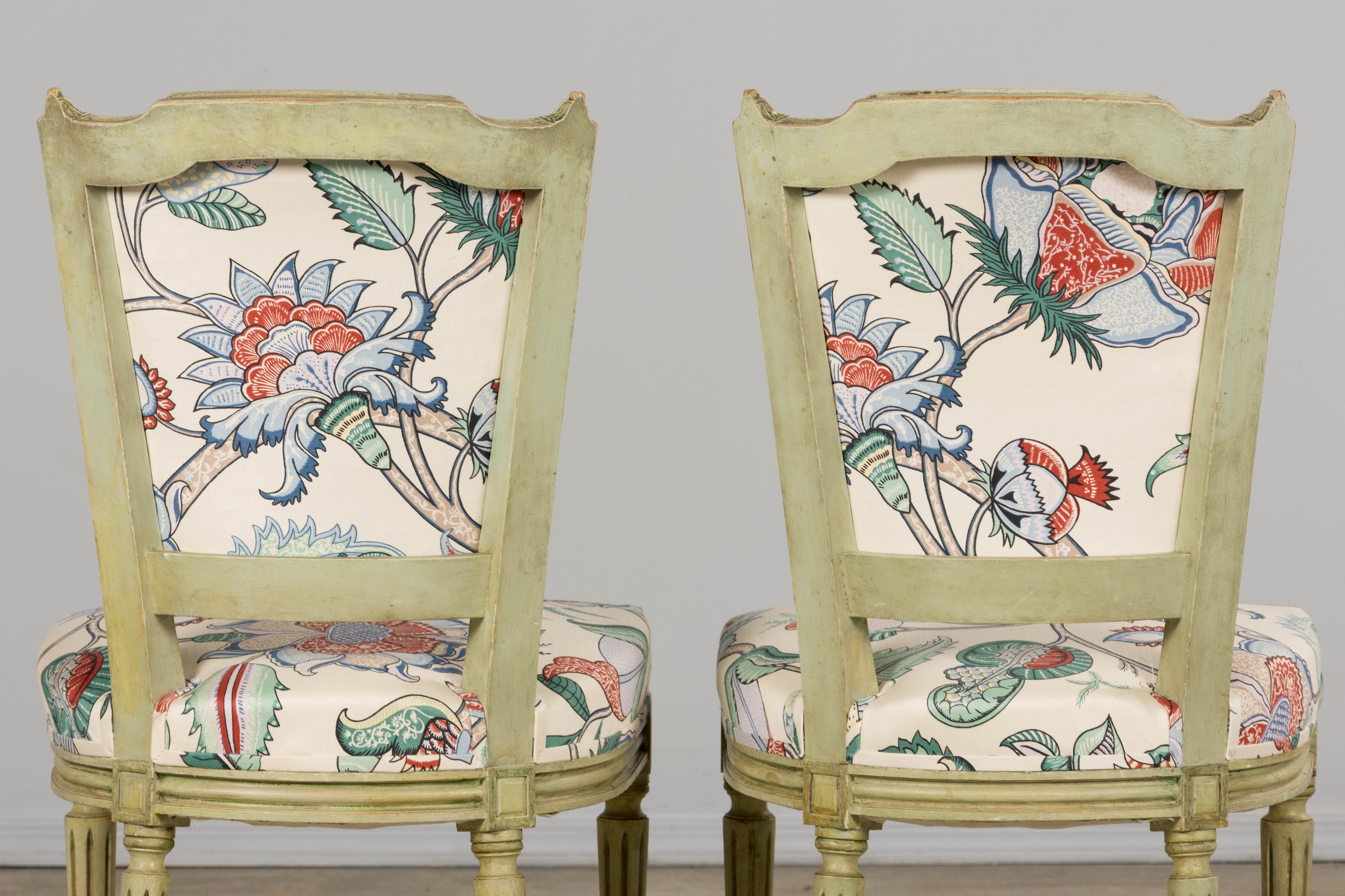 Antique French Louis XVI Painted Green Dining Chairs in Floral Fabric- Set of 6