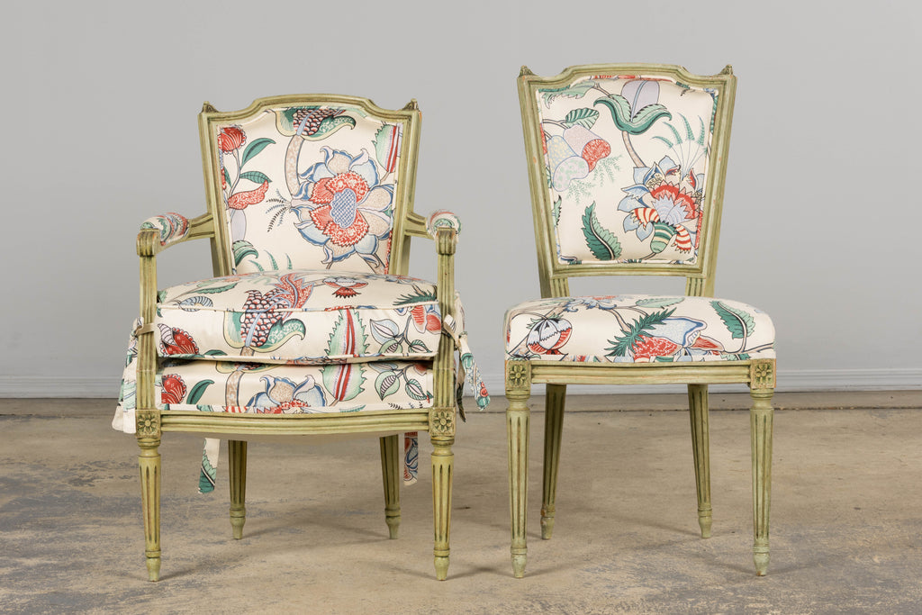 Antique French Louis XVI Painted Green Dining Chairs in Floral Fabric- Set of 6