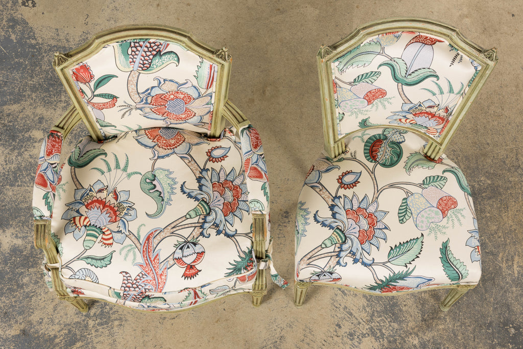 Antique French Louis XVI Painted Green Dining Chairs in Floral Fabric- Set of 6