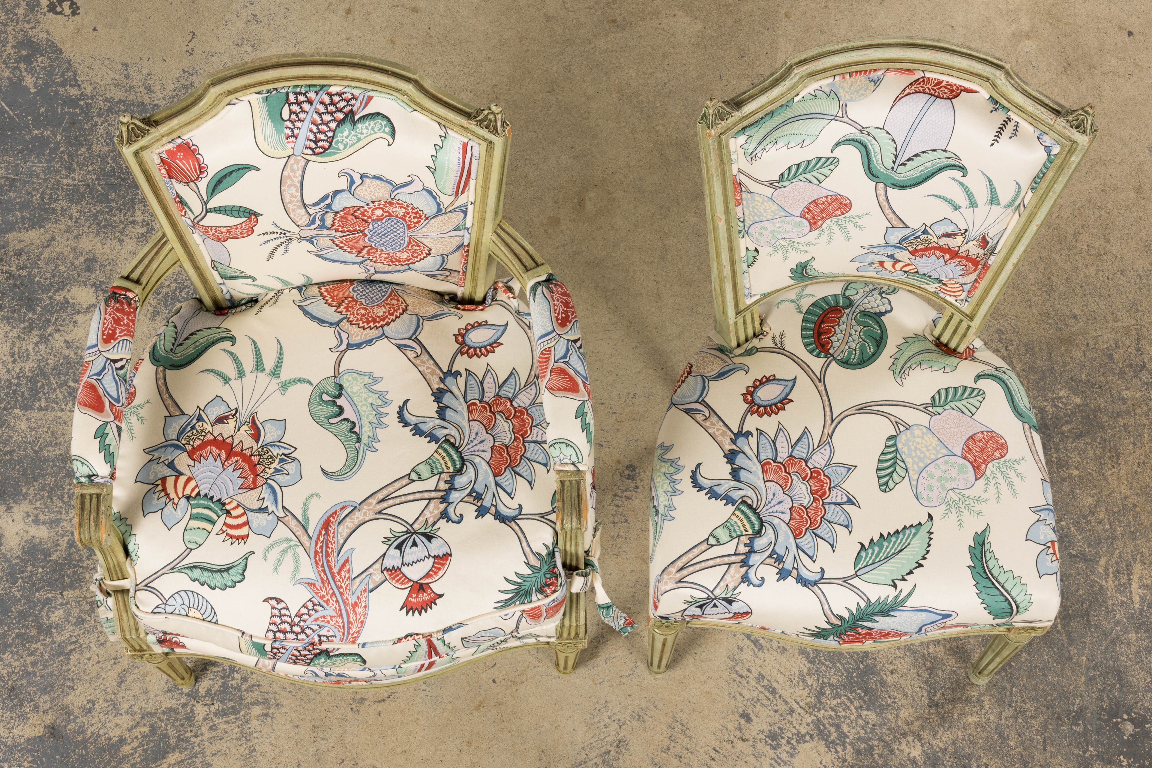 Antique French Louis XVI Painted Green Dining Chairs in Floral Fabric- Set of 6