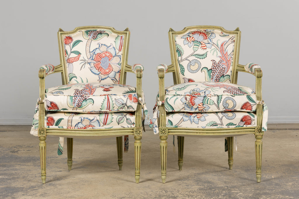 Antique French Louis XVI Painted Green Dining Chairs in Floral Fabric- Set of 6
