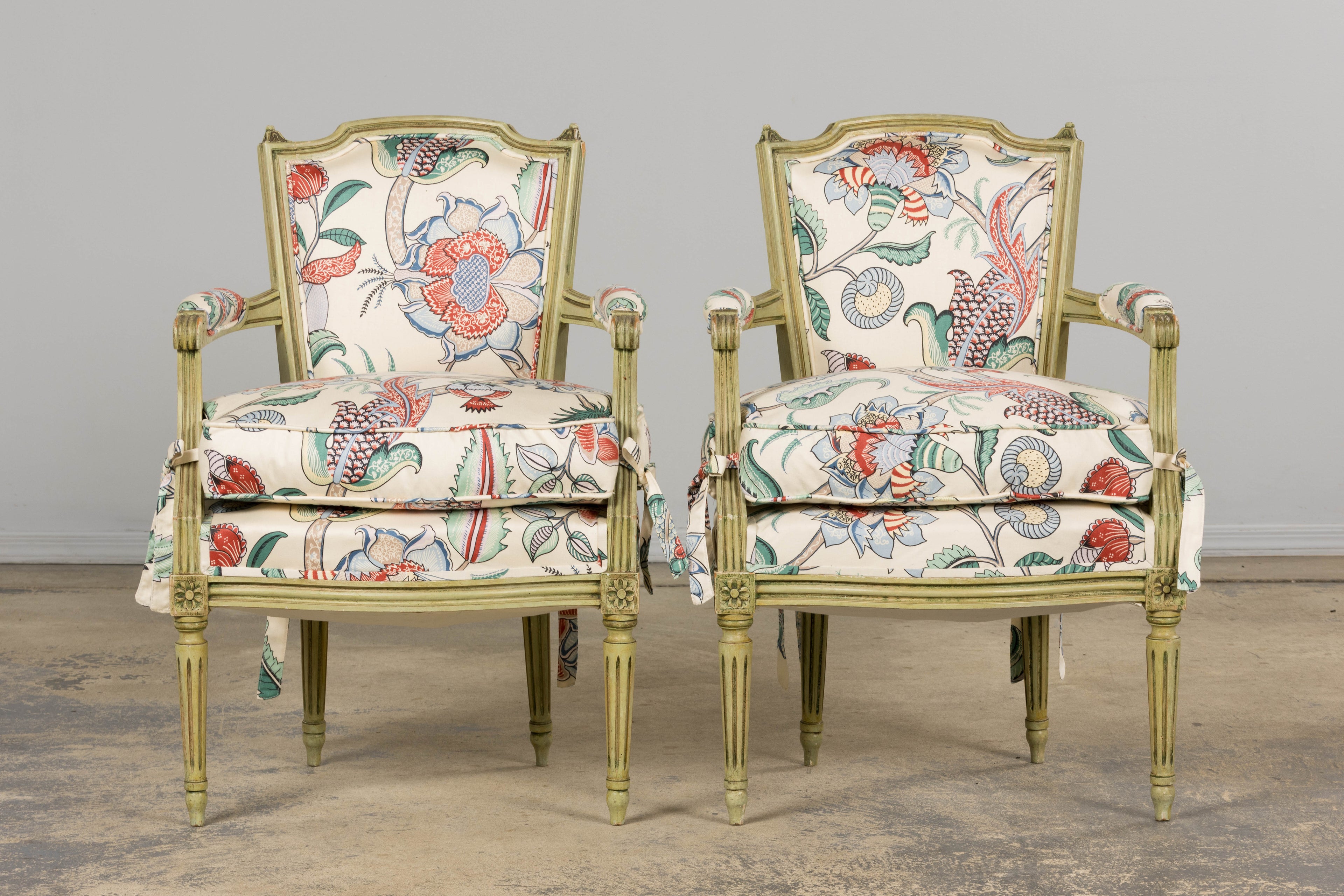Antique French Louis XVI Painted Green Dining Chairs in Floral Fabric- Set of 6