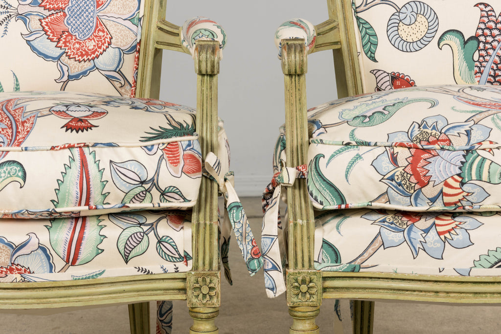 Antique French Louis XVI Painted Green Dining Chairs in Floral Fabric- Set of 6