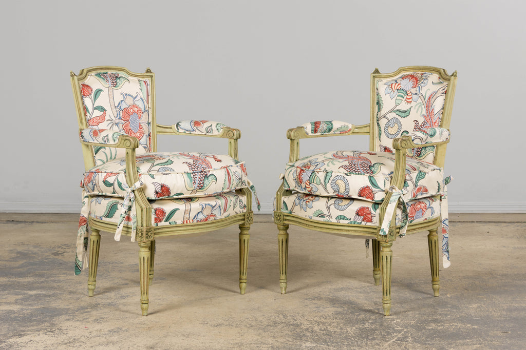 Antique French Louis XVI Painted Green Dining Chairs in Floral Fabric- Set of 6