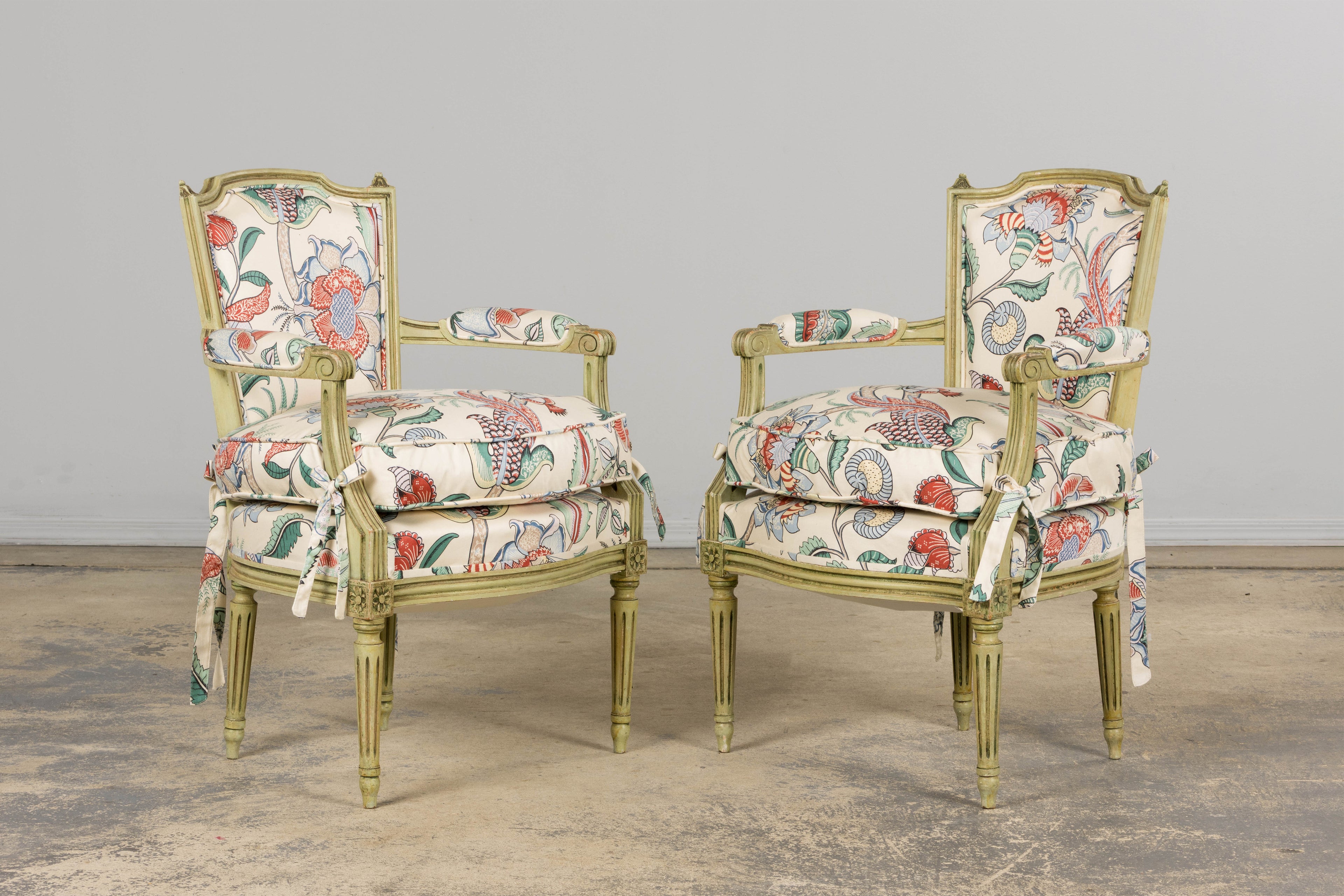 Antique French Louis XVI Painted Green Dining Chairs in Floral Fabric- Set of 6