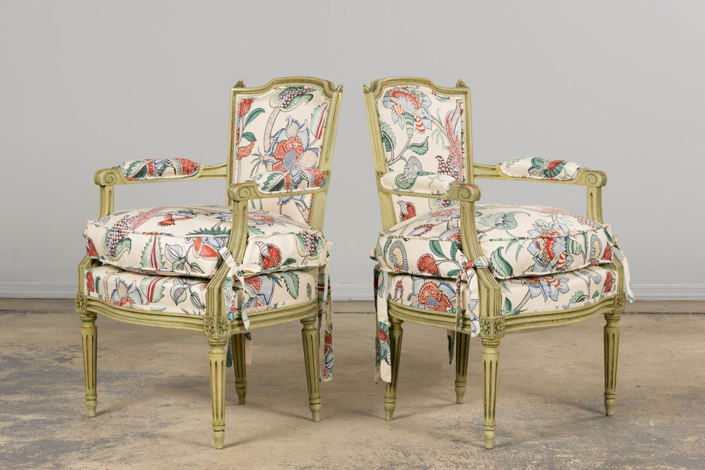 Antique French Louis XVI Painted Green Dining Chairs in Floral Fabric- Set of 6