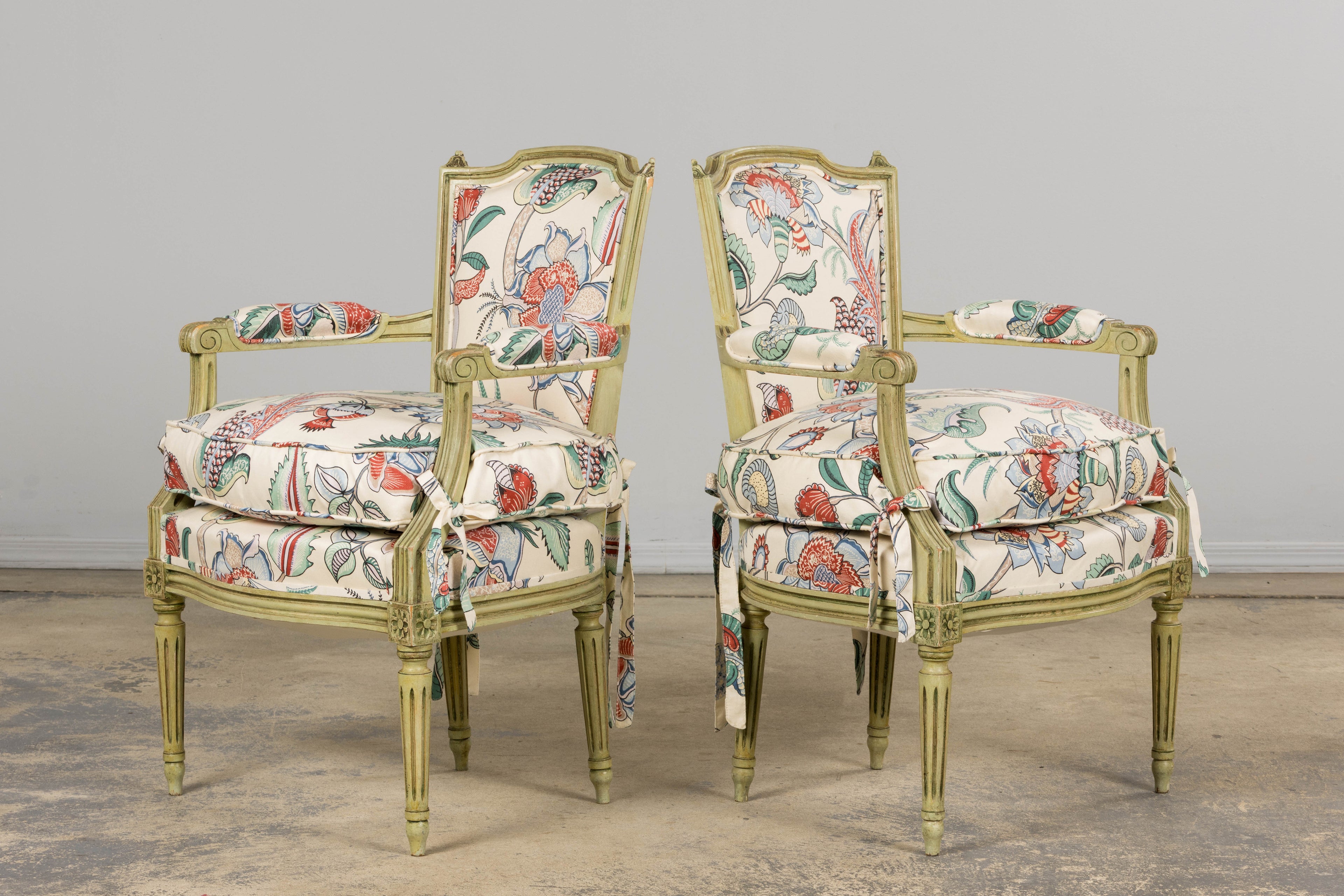 Antique French Louis XVI Painted Green Dining Chairs in Floral Fabric- Set of 6
