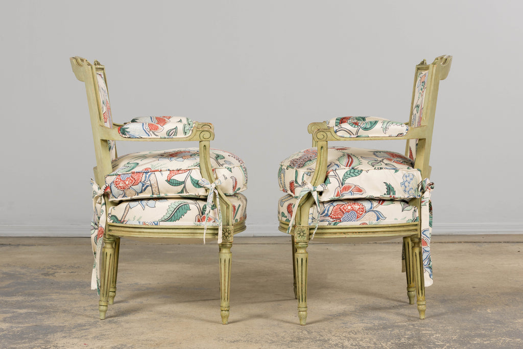 Antique French Louis XVI Painted Green Dining Chairs in Floral Fabric- Set of 6