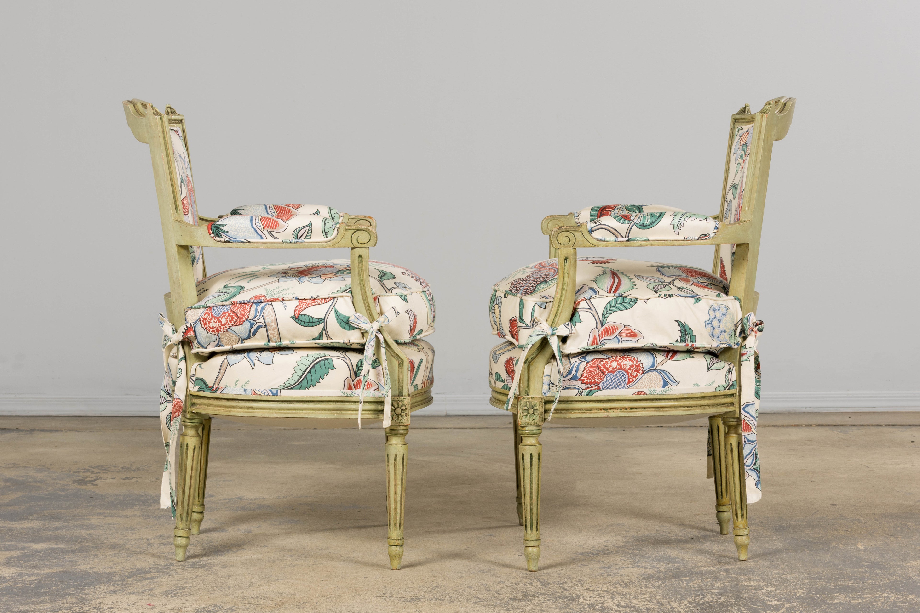 Antique French Louis XVI Painted Green Dining Chairs in Floral Fabric- Set of 6
