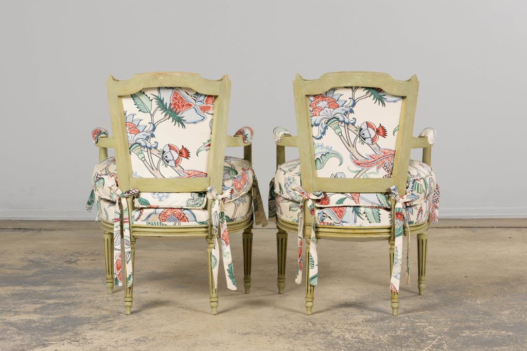 Antique French Louis XVI Painted Green Dining Chairs in Floral Fabric- Set of 6