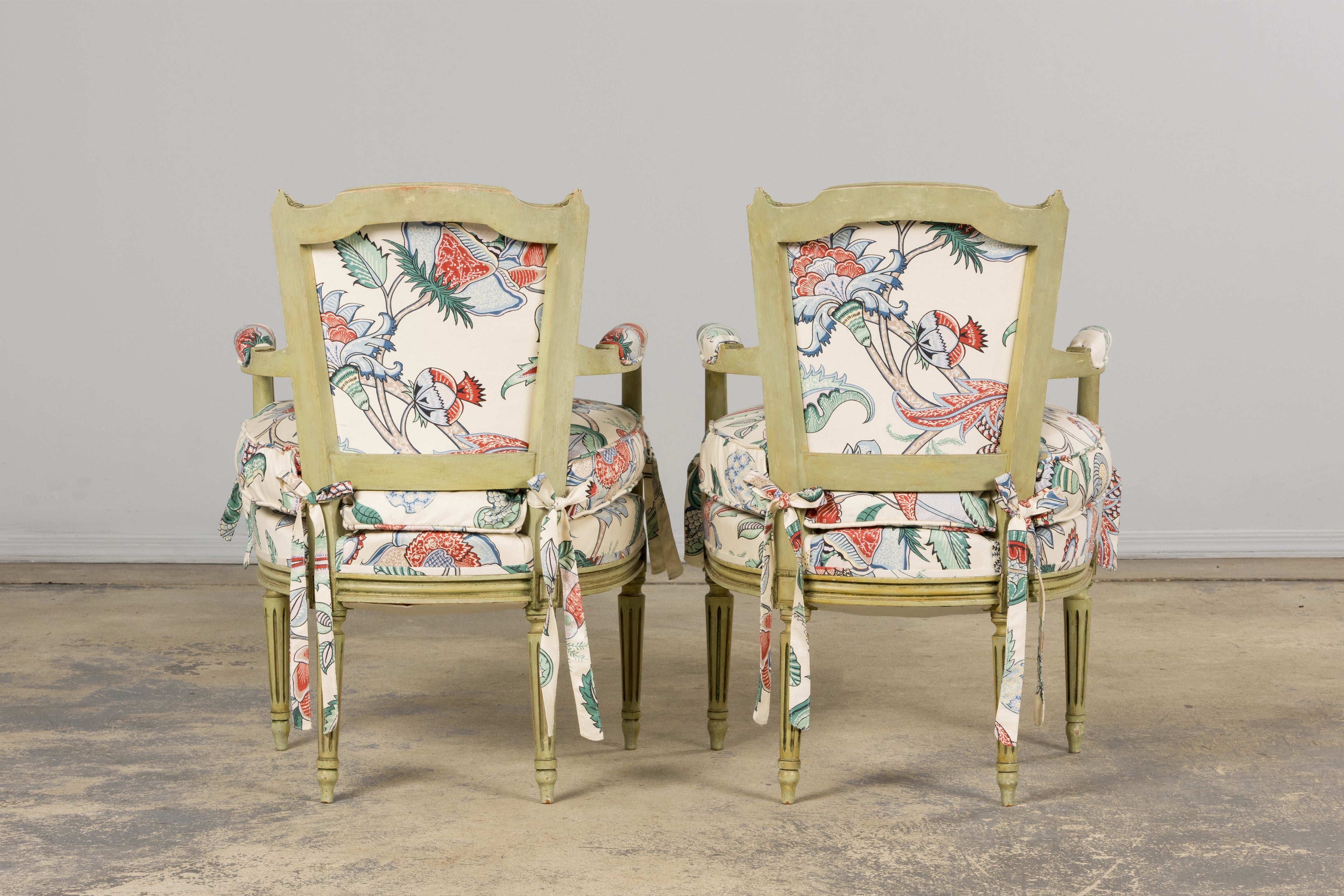 Antique French Louis XVI Painted Green Dining Chairs in Floral Fabric- Set of 6