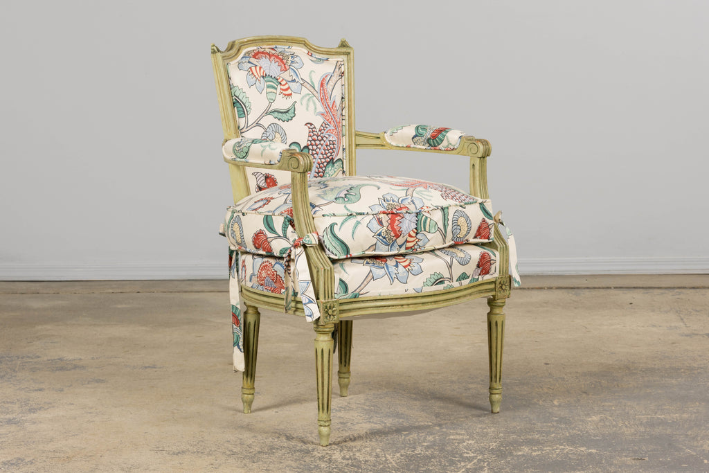 Antique French Louis XVI Painted Green Dining Chairs in Floral Fabric- Set of 6