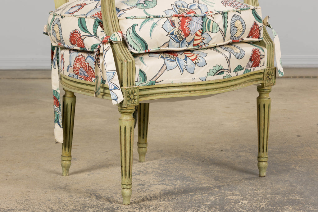 Antique French Louis XVI Painted Green Dining Chairs in Floral Fabric- Set of 6