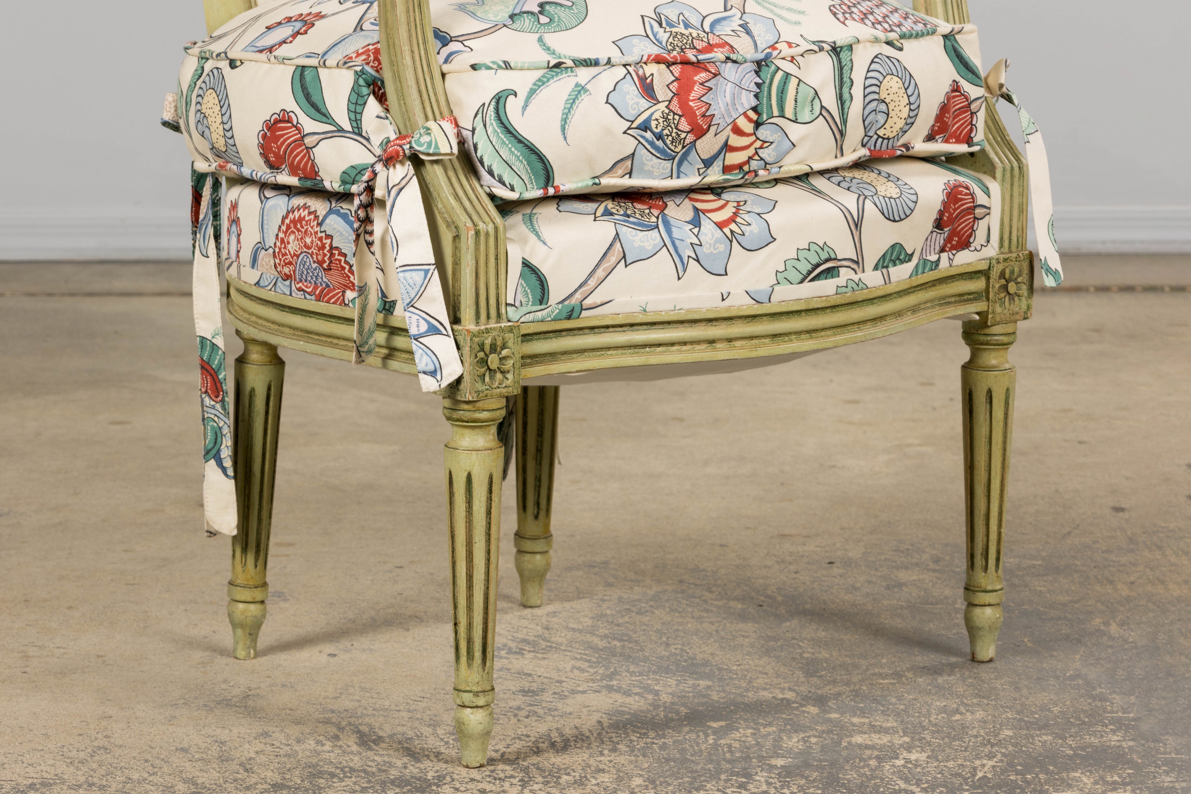 Antique French Louis XVI Painted Green Dining Chairs in Floral Fabric- Set of 6