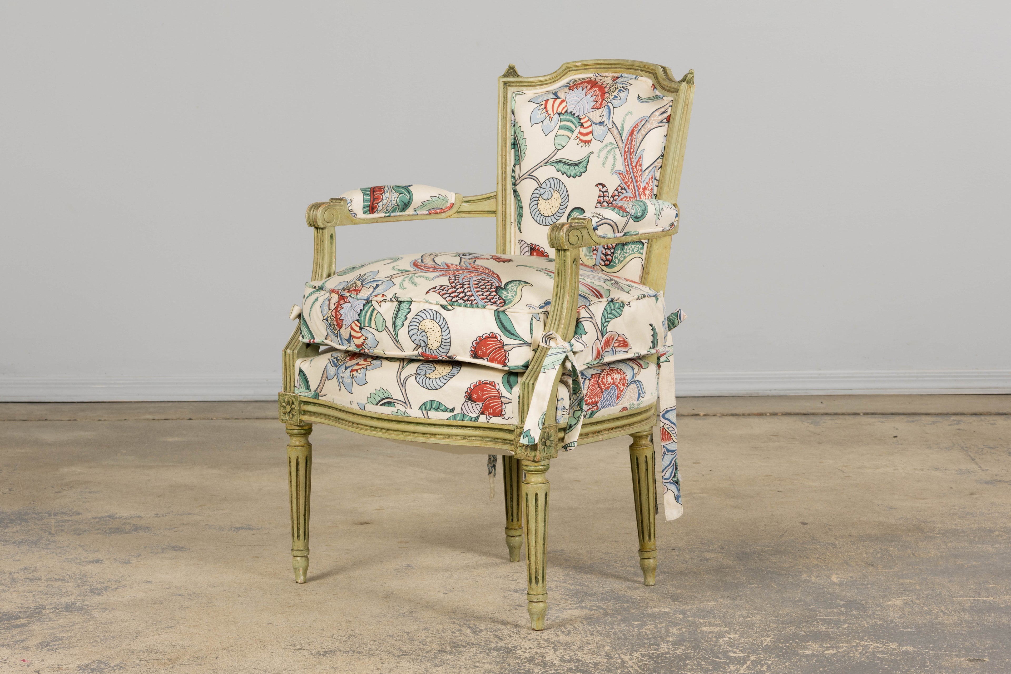 Antique French Louis XVI Painted Green Dining Chairs in Floral Fabric- Set of 6