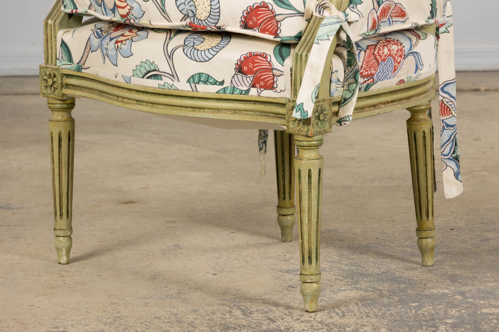 Antique French Louis XVI Painted Green Dining Chairs in Floral Fabric- Set of 6