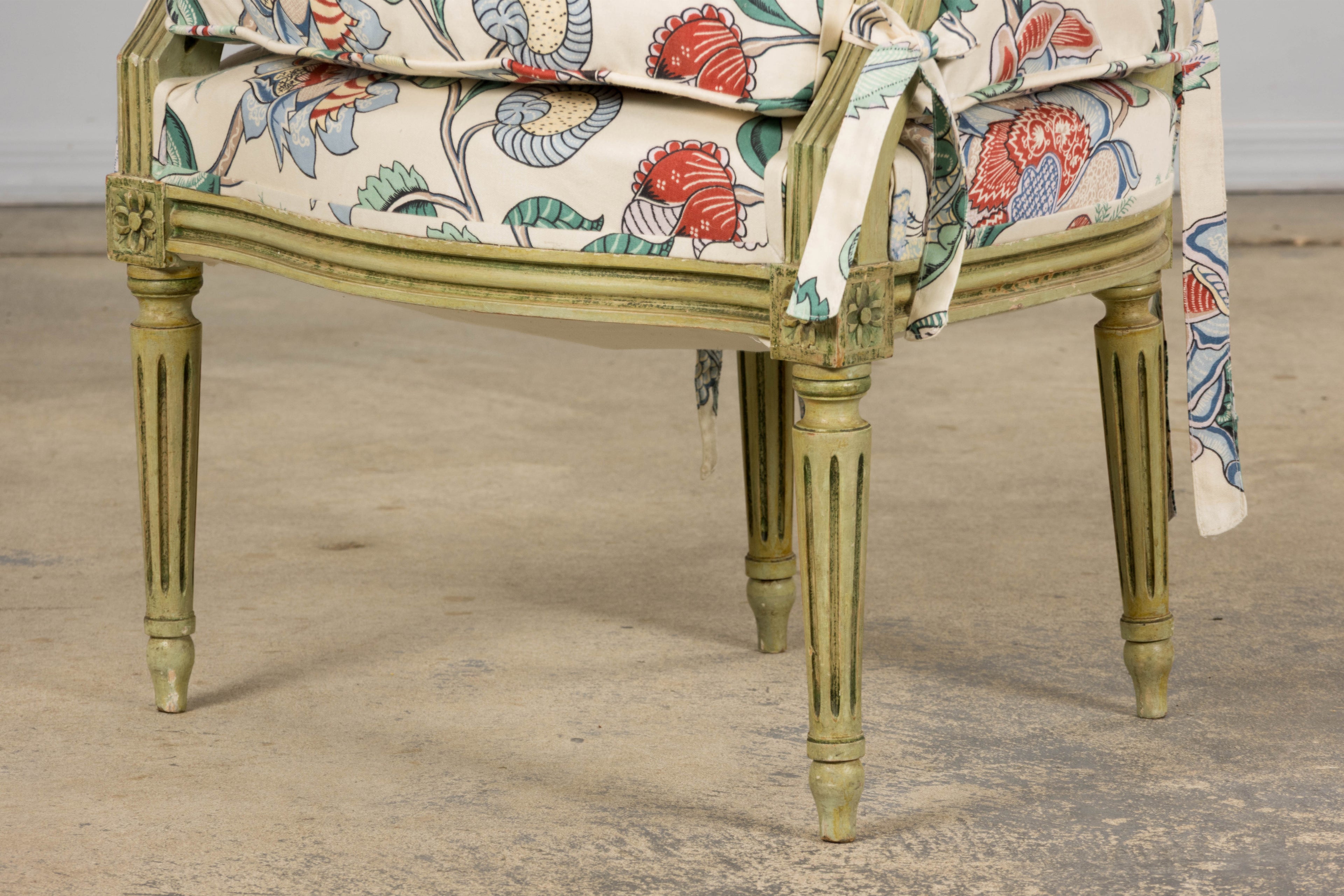 Antique French Louis XVI Painted Green Dining Chairs in Floral Fabric- Set of 6