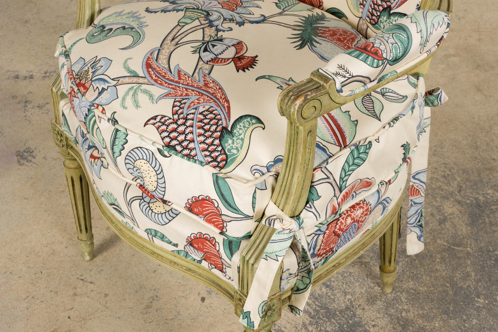 Antique French Louis XVI Painted Green Dining Chairs in Floral Fabric- Set of 6