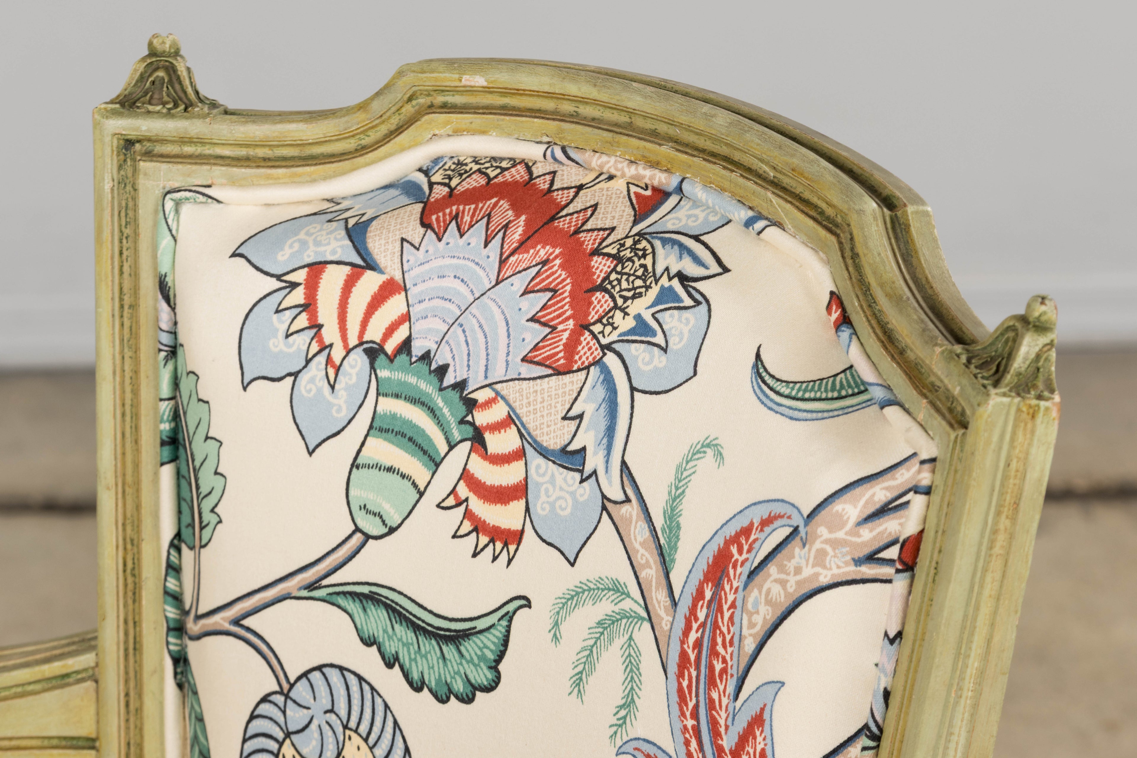 Antique French Louis XVI Painted Green Dining Chairs in Floral Fabric- Set of 6