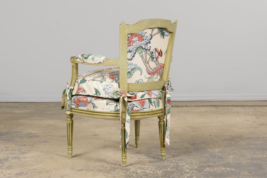 Antique French Louis XVI Painted Green Dining Chairs in Floral Fabric- Set of 6