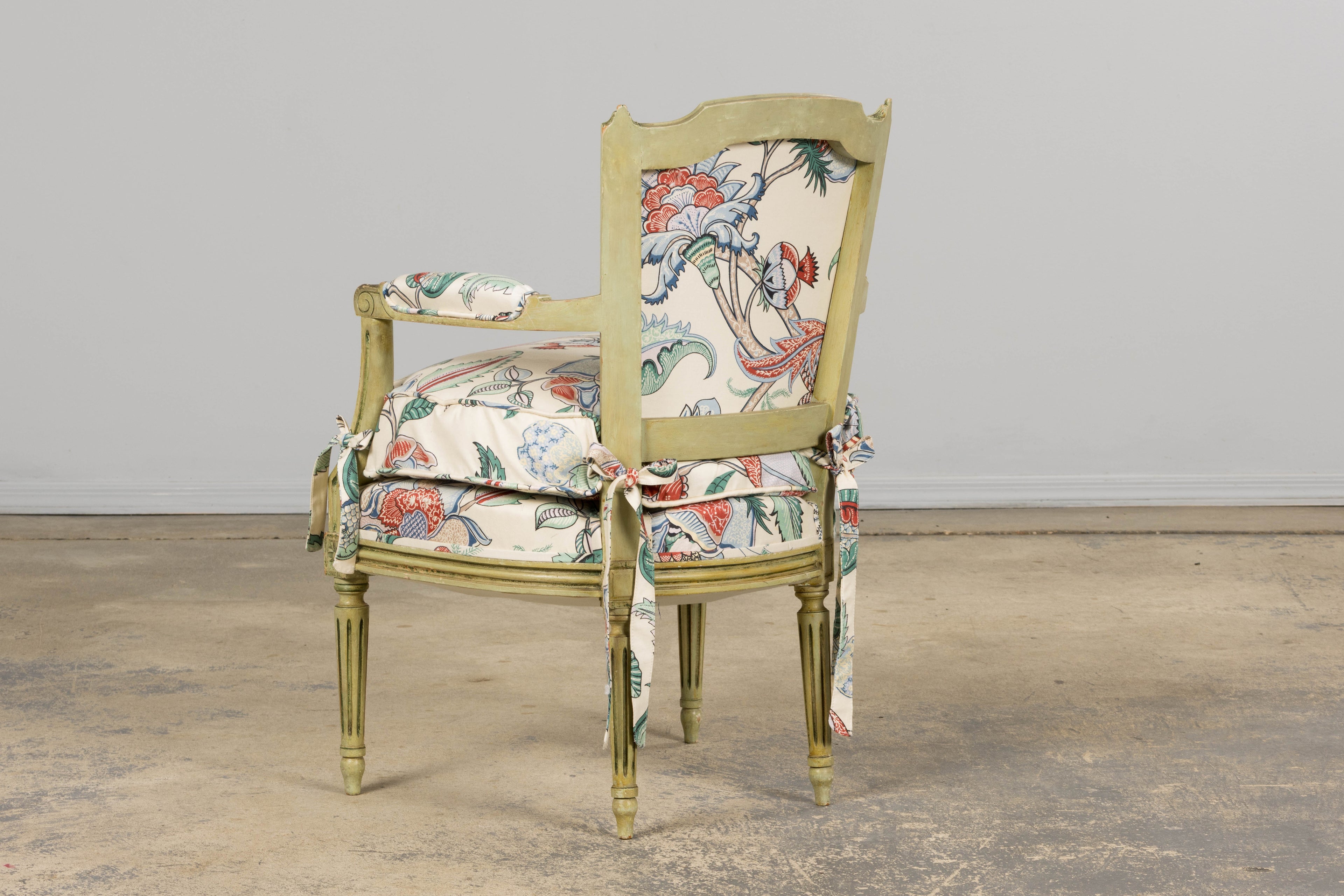 Antique French Louis XVI Painted Green Dining Chairs in Floral Fabric- Set of 6