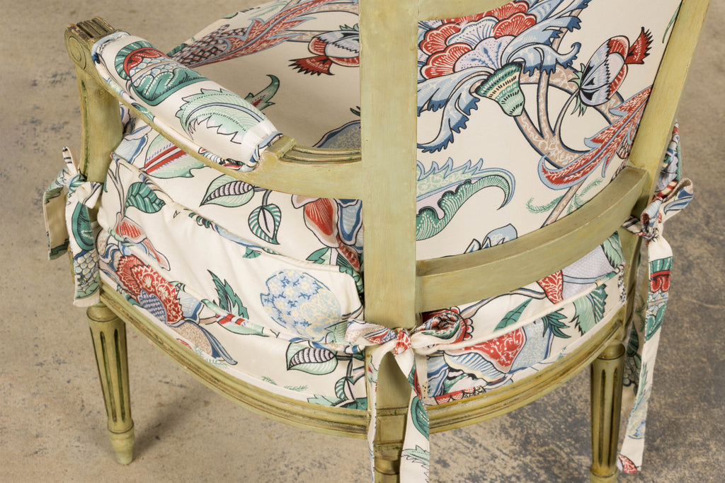 Antique French Louis XVI Painted Green Dining Chairs in Floral Fabric- Set of 6