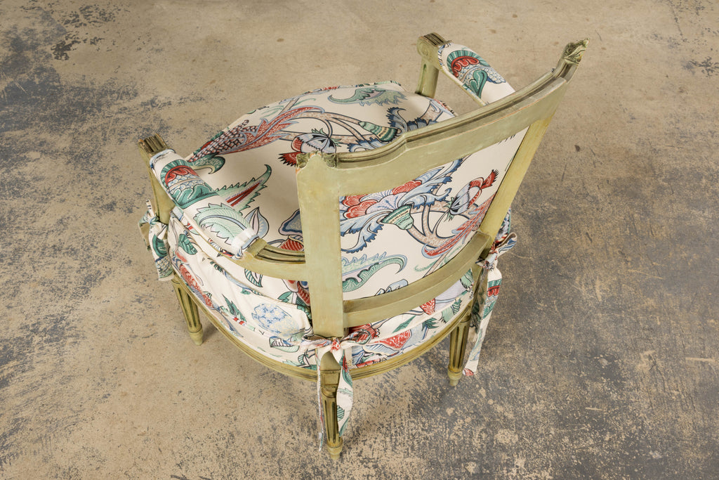 Antique French Louis XVI Painted Green Dining Chairs in Floral Fabric- Set of 6