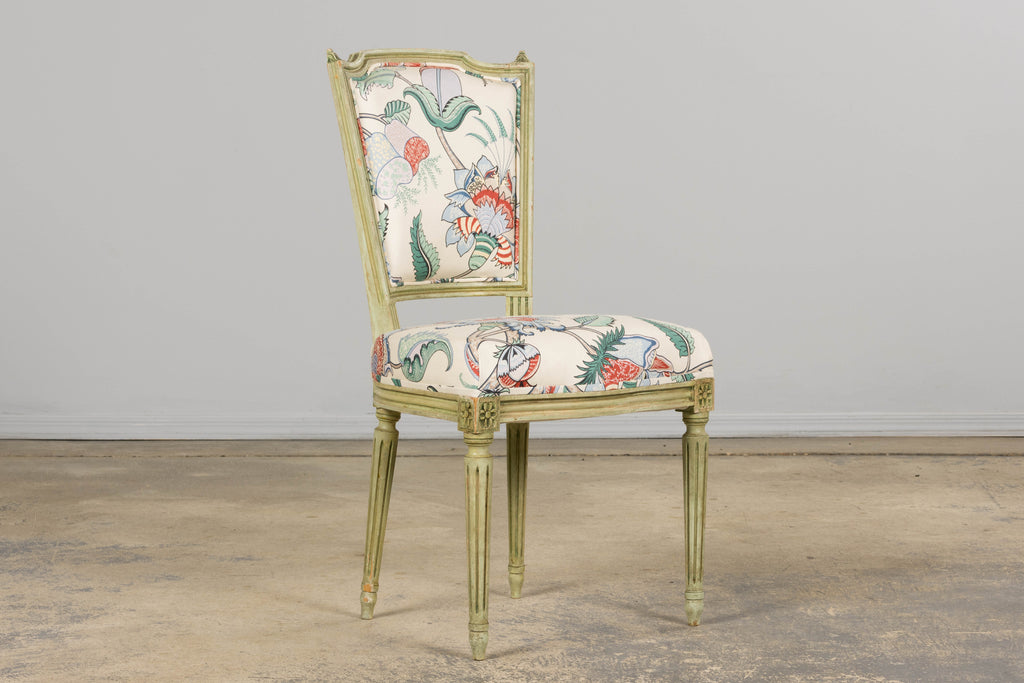 Antique French Louis XVI Painted Green Dining Chairs in Floral Fabric- Set of 6